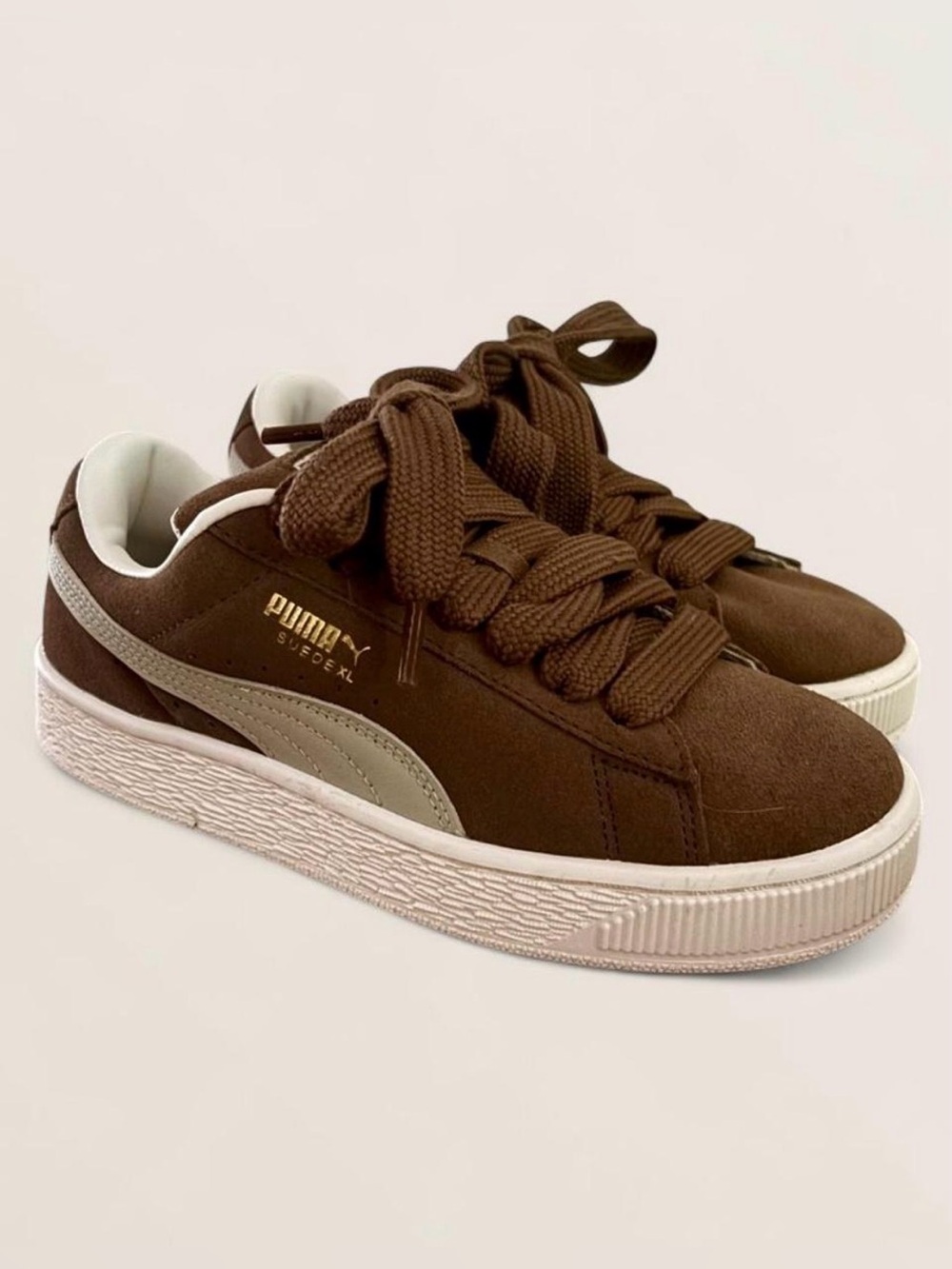 Puma Brown Suede Low-Top Leather Sneakers with Cream Stripe